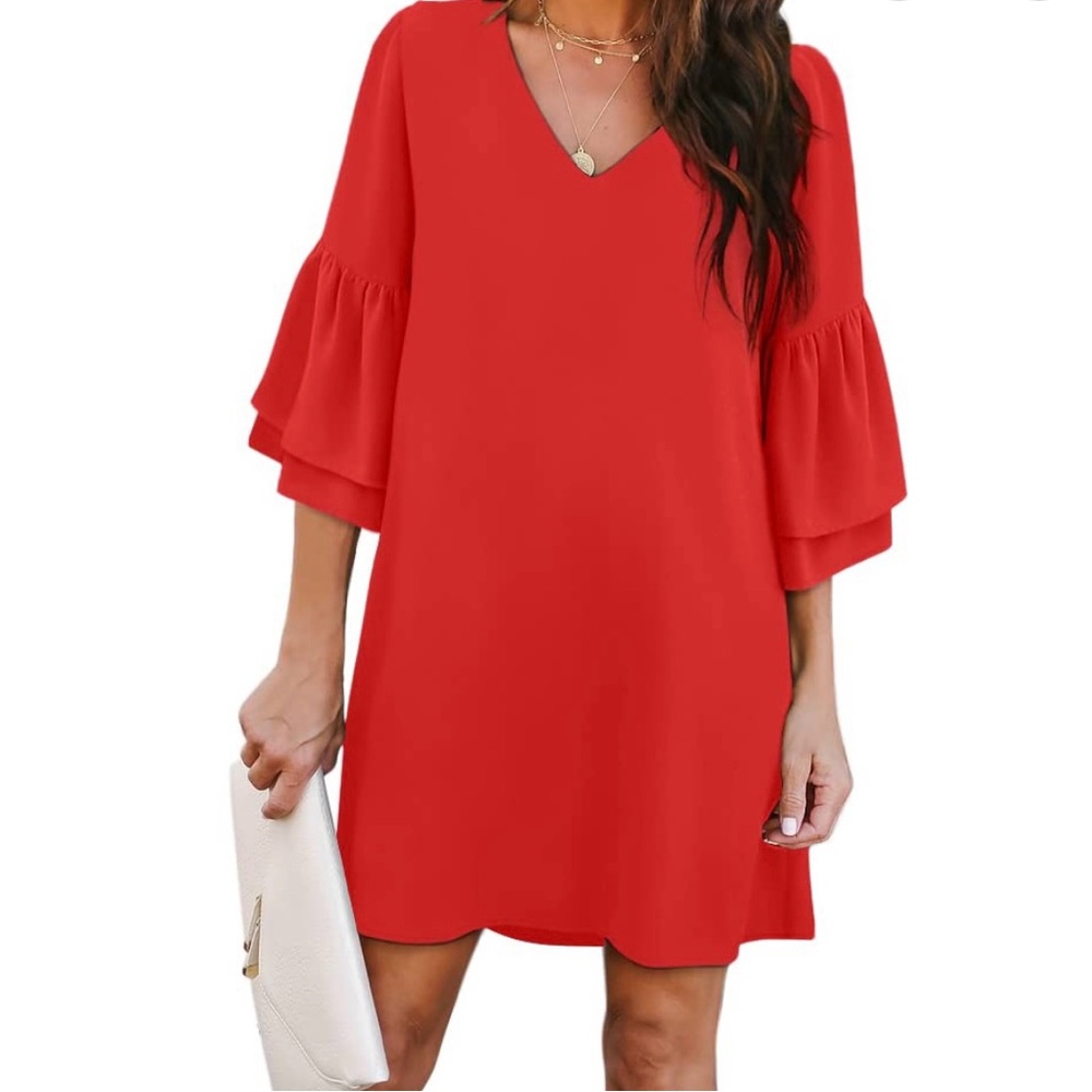 Women Dress Sweet & Cute V-Neck Bell Sleeve Mini Shift XXL